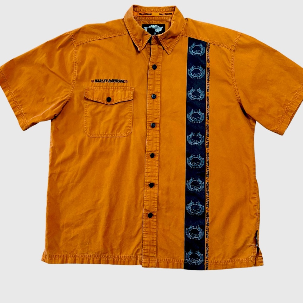 HARLEY DAVIDSON VINTAGE COTTON SKULL PRINT SHORT SLEEVE BUTTONUP SHIRT ORANGE  L